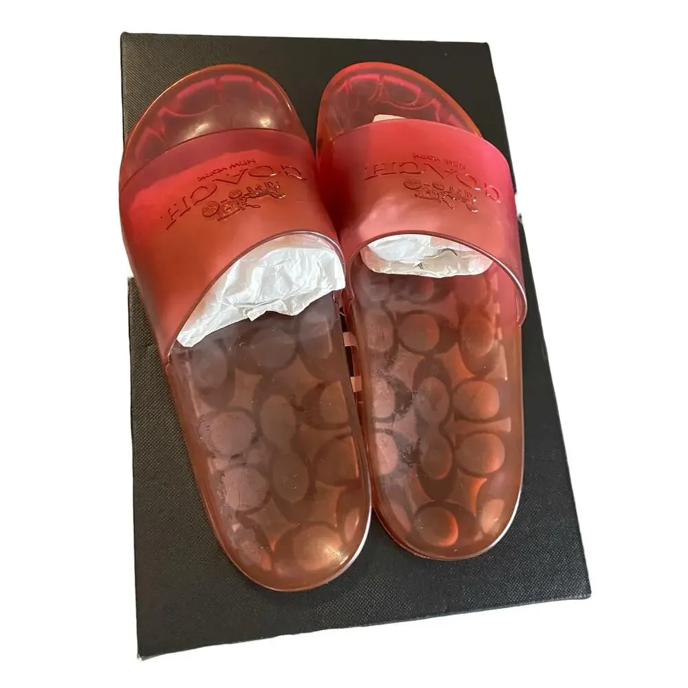 NIB 8 COACH Ulyssa Black Cherry Water-Resistant Jelly Rubber Logo Slip-On Slides